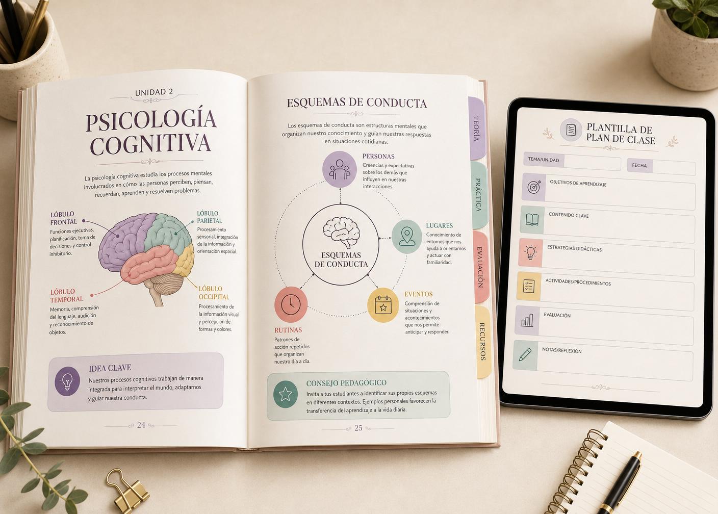 Manual del docente Psicología Simple abierto sobre plantillas editables